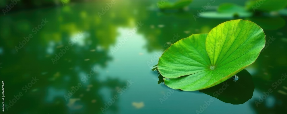 Delicate green leaves with clear veins float on calm pond water, water, green Delicate green leaves with clear veins float on calm pond water, water, green