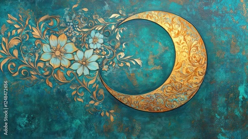 Wallpaper Mural Golden Crescent Moon with Teal Floral Design Torontodigital.ca