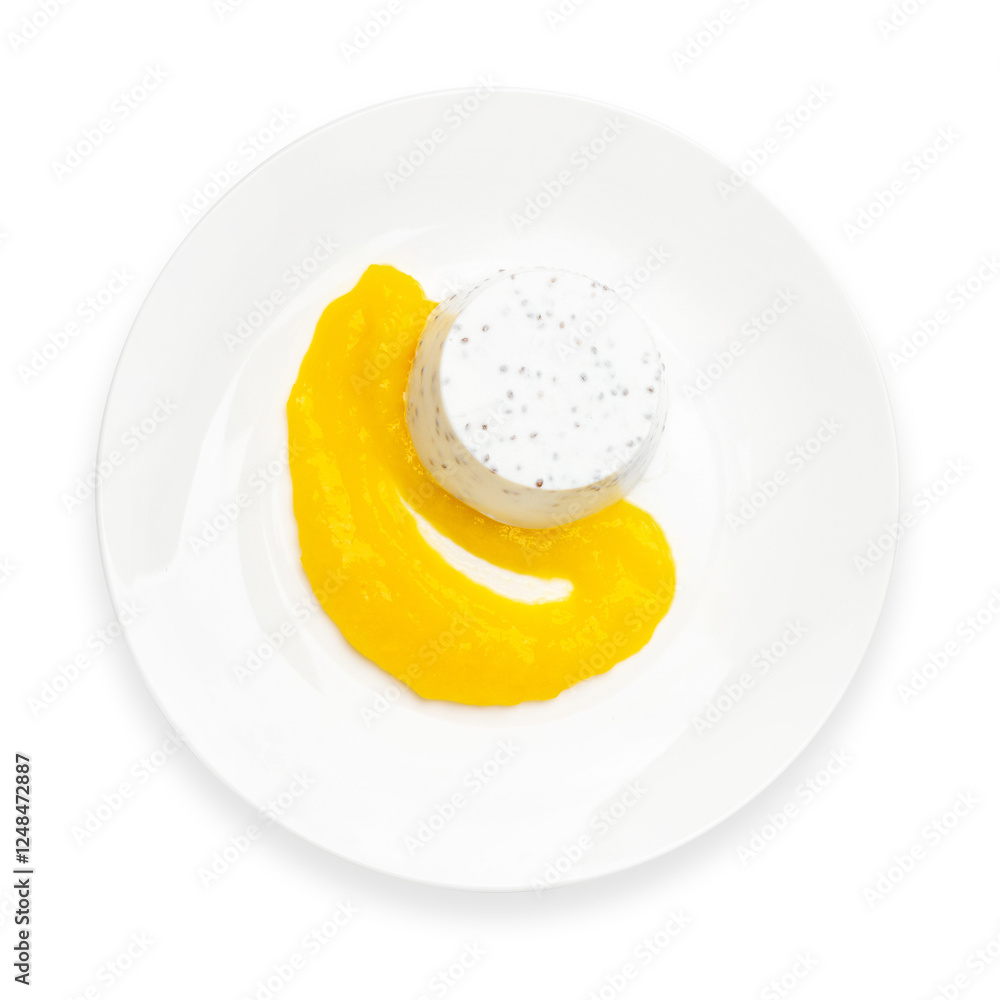 Milk dessert, pudding cake with jam. Top view, on a white background, isolate. Milk dessert, pudding cake with jam. Top view, on a white background, isolate.