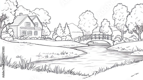 Wallpaper Mural House by river, bridge, trees, idyllic landscape, coloring book page Torontodigital.ca