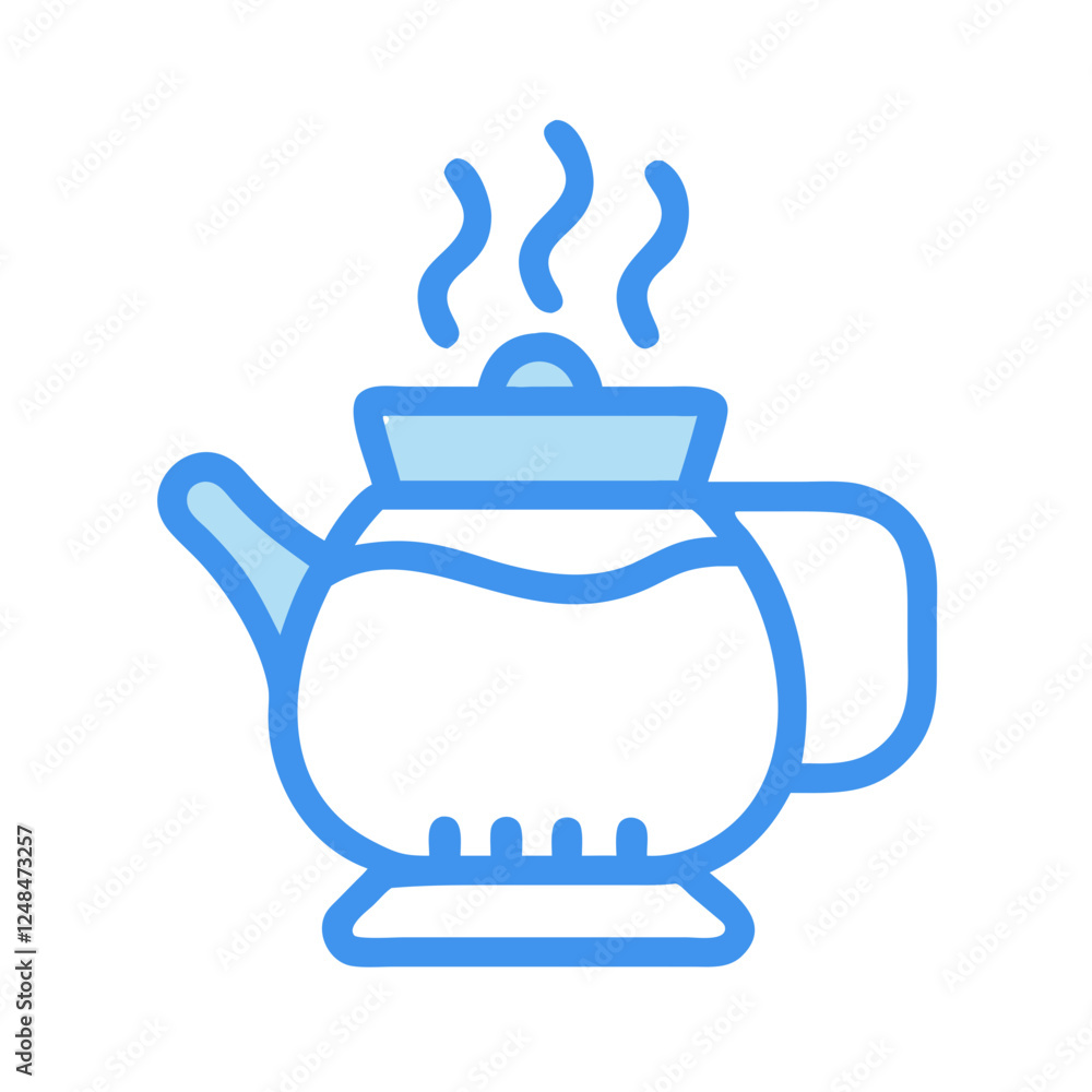 Hot Water Pot Icon in blue outline style with steam Hot Water Pot Icon in blue outline style with steam