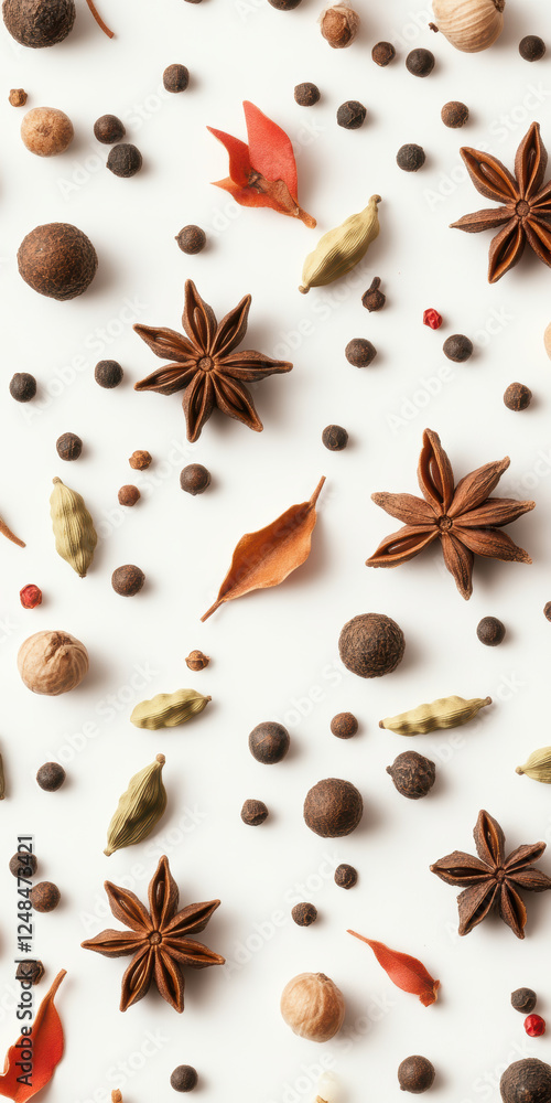 Assorted Spices and Herbs with Star Anise and Cardamom on White Background Assorted Spices and Herbs with Star Anise and Cardamom on White Background