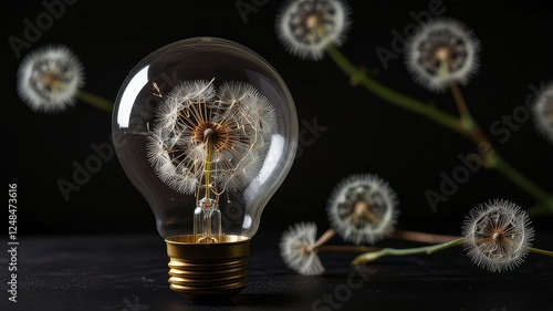  Edison light bulb with dandelion seeds on black background © Ai World