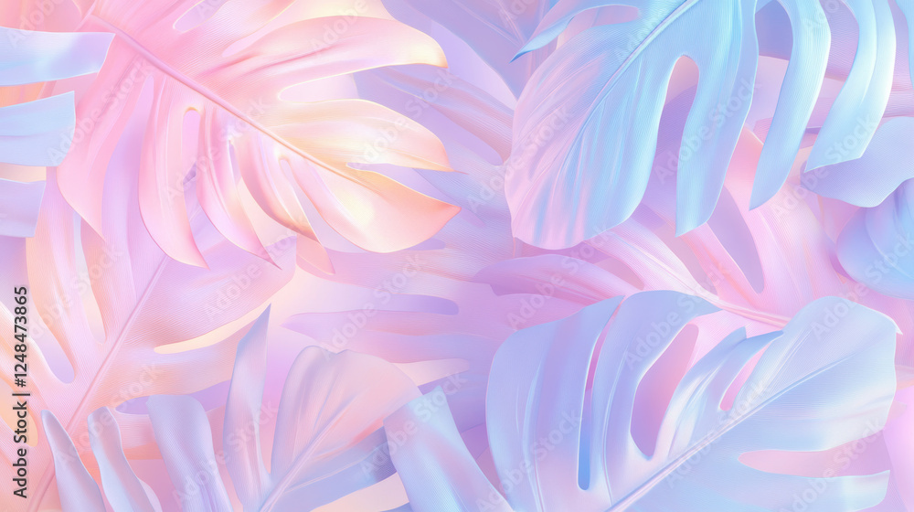 Colorful Pastel Monstera Leaves on Soft Gradient Background Colorful Pastel Monstera Leaves on Soft Gradient Background