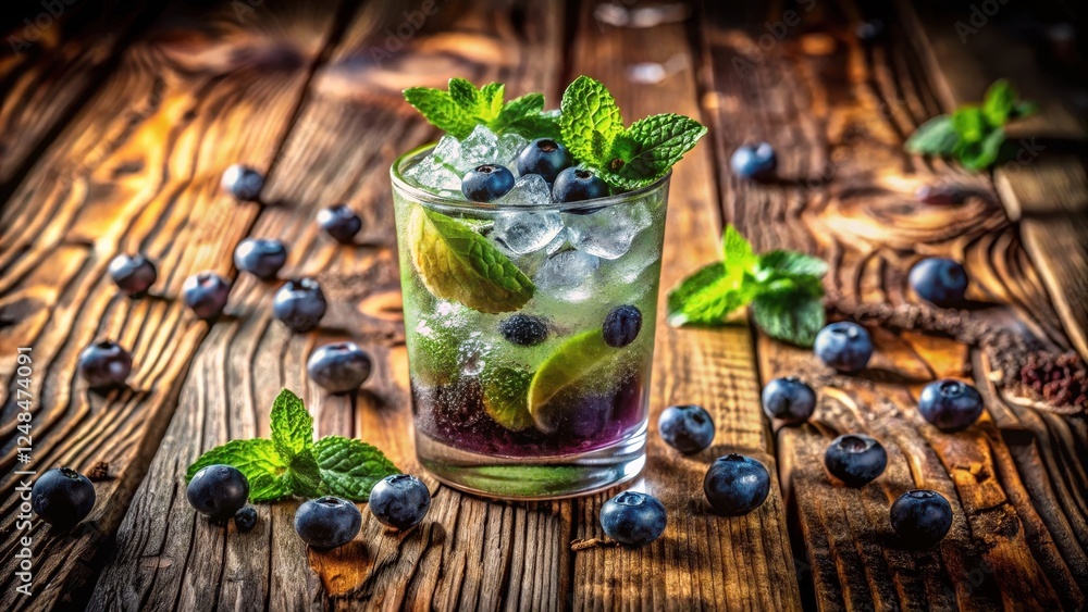 Fototapeta premium Refreshing Blueberry Mint Cooler with Ice Cubes on Rustic Wooden Table