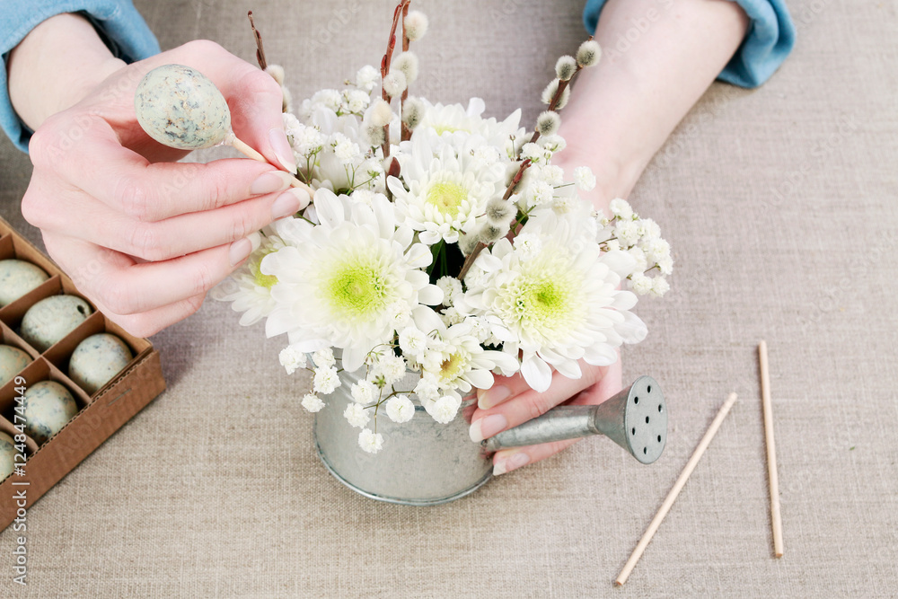Florist at work: How to make floral arrangement with gypsophila paniculata twigs, chrysanthemums and catkins inside silver watering can. Easter decor idea. Step by step, tutorial.