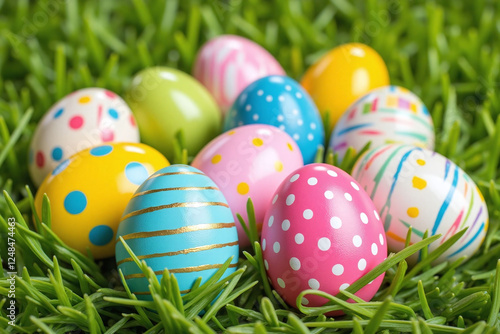 collection of decorated Easter eggs in semi circle on green grass photo