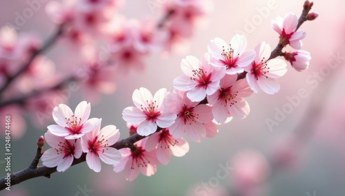 Delicate pink blossoms on Nanking cherry branches, spring, tree, white photo