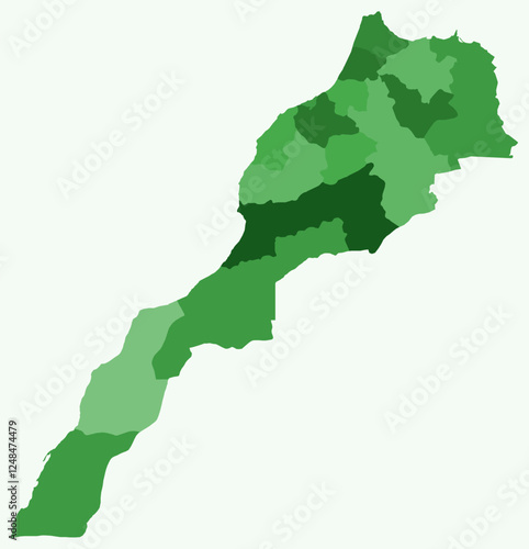 Map of Morocco with regions. Just a simple country border map with region division. Green color palette. Blank Morocco shape with administrative division. Vector illustration.