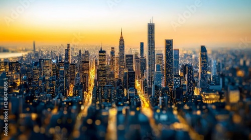 Spectacular City Skyline at Sunset: A Panoramic View of the Urban Metropolis, High-Rise Buildings, and City Lights photo