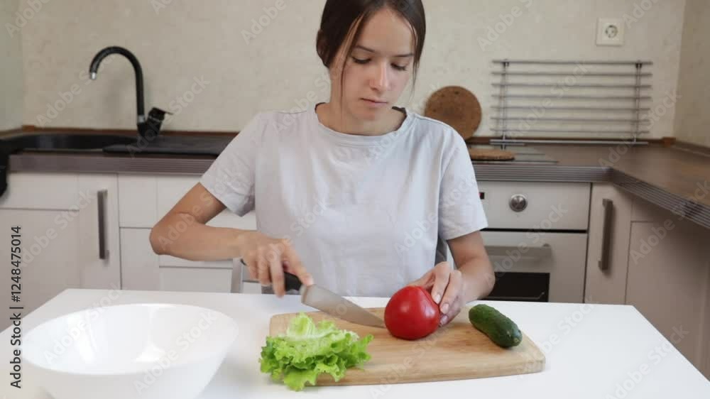 cooking salad, teenage girl cutting tomato in kitchen, young woman preparing healthy dinner recipe cooking salad, teenage girl cutting tomato in kitchen, young woman preparing healthy dinner recipe