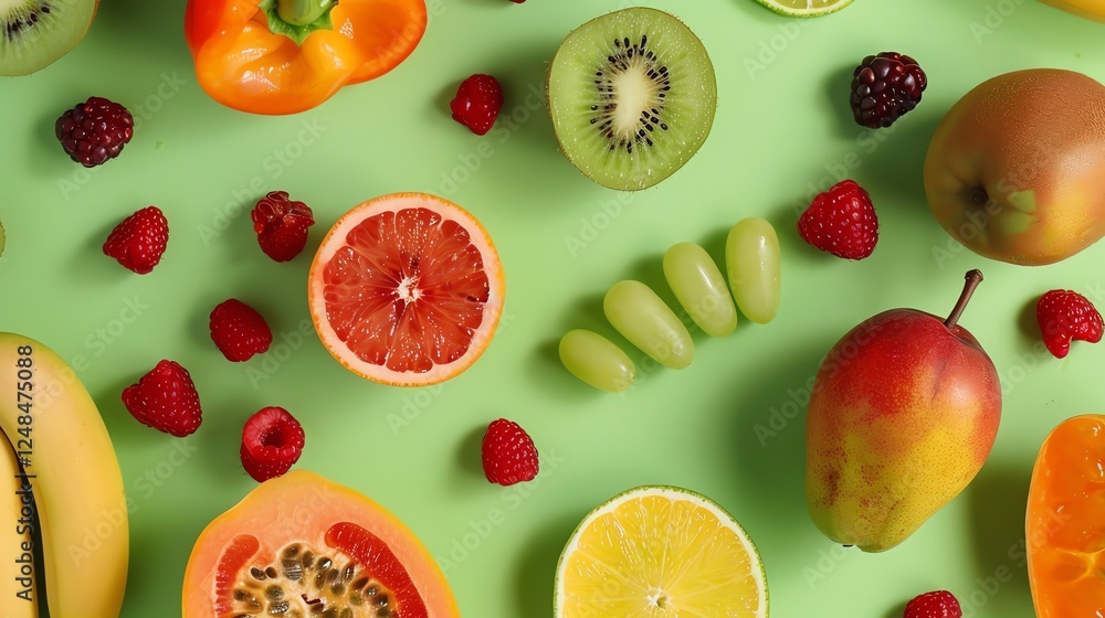 A variety of fresh fruits and vegetables on a green background. A variety of fresh fruits and vegetables on a green background.