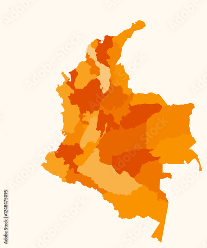 Map of Colombia with regions. Just a simple country border map with region division. Orange color palette. Plain Republic of Colombia shape with administrative division. Vector illustration.