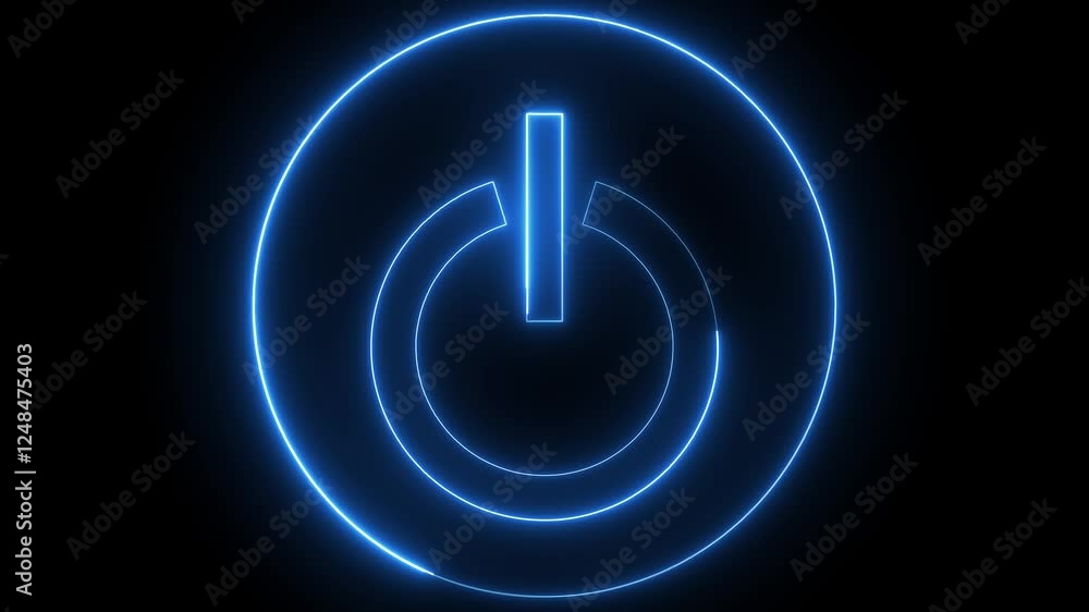 blue color neon glowing power button icon animation screen turn on off ...