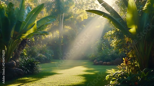 Sunbeams illuminating lush tropical garden with green lawn, palm trees, and various plants.