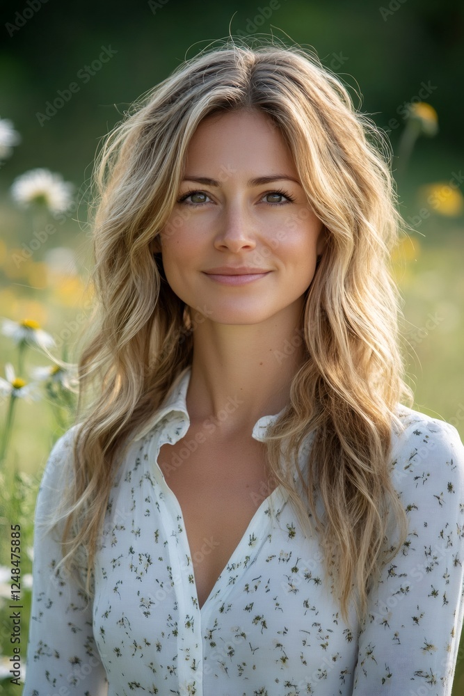 Smiling woman enjoying nature in blooming meadow Smiling woman enjoying nature in blooming meadow