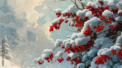 Red berries and snow winter scene