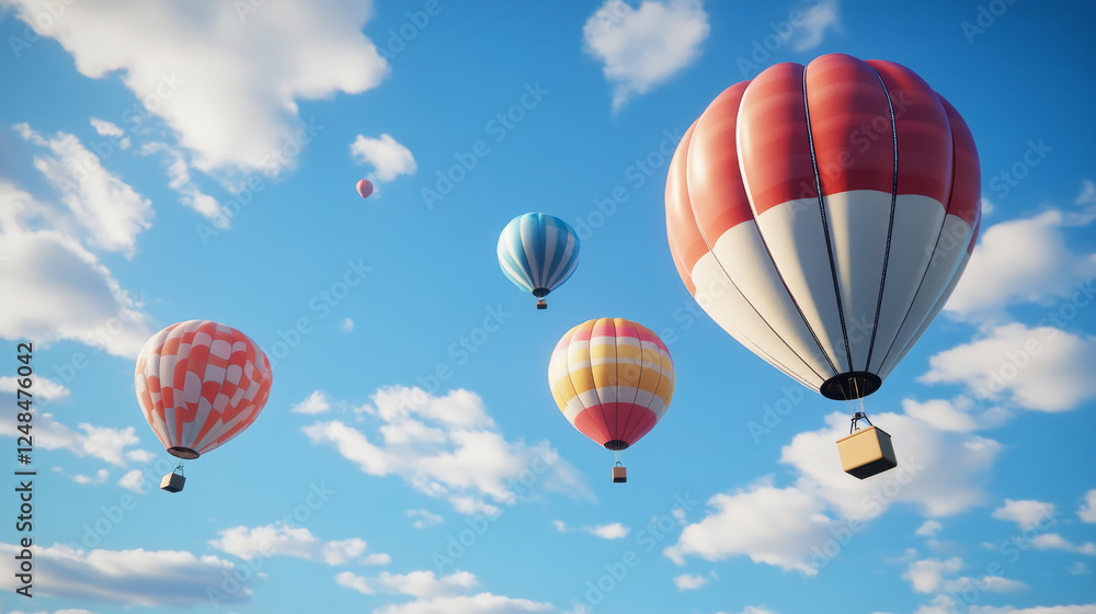Obraz premium Colorful balloons floating in the sky on a sunny day 3d render illustration. 3D Illustration