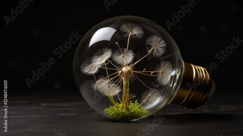 Edison light bulb with dandelion seeds on black background © Ai World