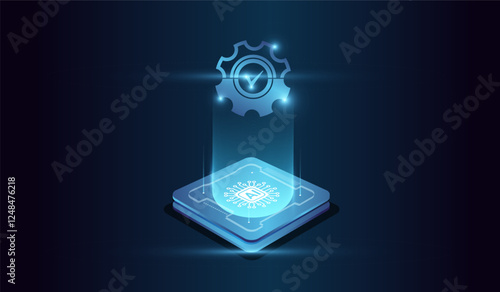 The microchip at the center represents computational power. with Futuristic representation of artificial intelligence, with a glowing microchip at the base emitting a holographic