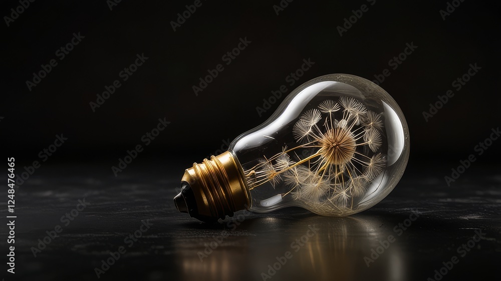 Edison light bulb with dandelion seeds on black background Edison light bulb with dandelion seeds on black background