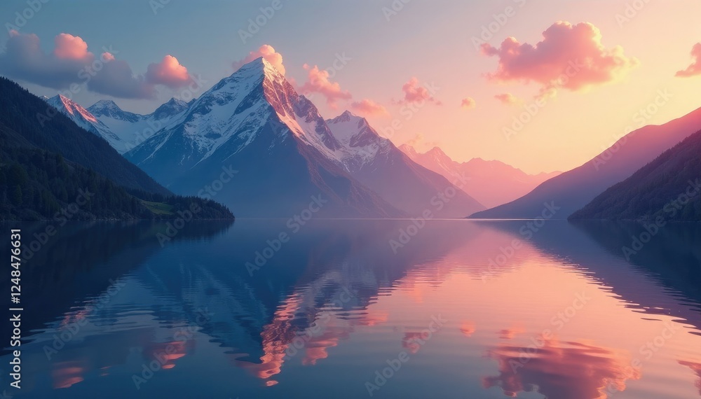 Mountain peaks reflected in calm bay water at sunrise, nature, serene, mountains Mountain peaks reflected in calm bay water at sunrise, nature, serene, mountains