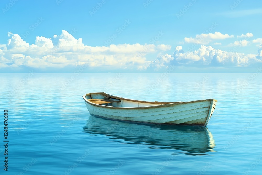 Peaceful white rowboat on tranquil ocean under a vast sky Peaceful white rowboat on tranquil ocean under a vast sky