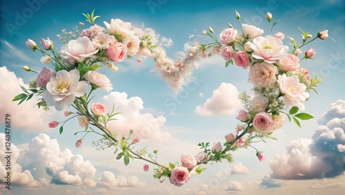 A floral heart-shaped arrangement of delicate pink and white roses and blossoms, gracefully suspended amidst a dreamy, fluffy cloudscape, evokes feelings of love and serenity.
