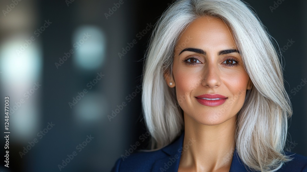 Confident and Sophisticated Business Professional in Elegant Corporate Portrait Mature Woman with Blonde or Gray Hair Smiling Confidently in a Glamorous Headshot for Corporate Leadership Confident and Sophisticated Business Professional in Elegant Corporate Portrait Mature Woman with Blonde or Gray Hair Smiling Confidently in a Glamorous Headshot for Corporate Leadership