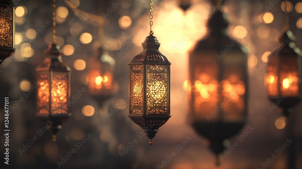 Illuminated Festive Lanterns Hanging Against A Blurred Background Illuminated Festive Lanterns Hanging Against A Blurred Background