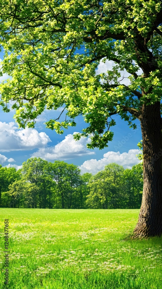 Fototapeta premium Lush green field, sunlight, trees, nature, landscape, peaceful