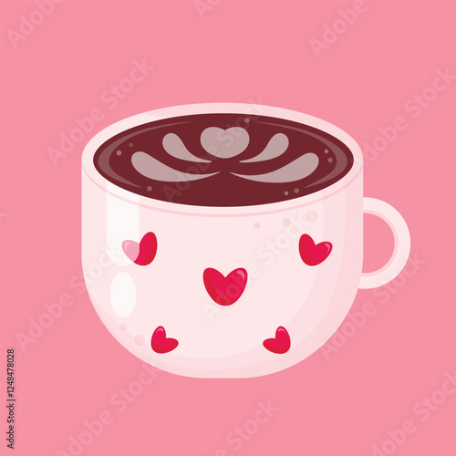Cup of cappuccino with foam and pattern isolated on pink background.Coffee in beige cup with hearts. Coffee for Valentines Day design. Design for  coffeeshops, shops,  cafeterias. Vector illustration.