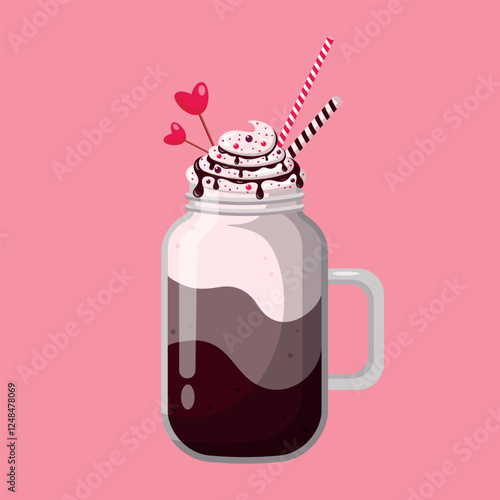 Coffee in jar with whipped cream  and decorative elements isolated on pink background. Coffee for Valentines Day design. Design for  coffeeshops, shops,  cafeterias. Vector illustration.