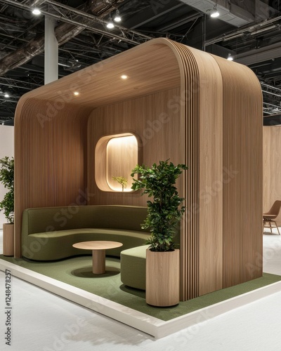 A modern wooden lounge space with curved design, greenery, and minimalist furniture, perfect for relaxation and social interaction.