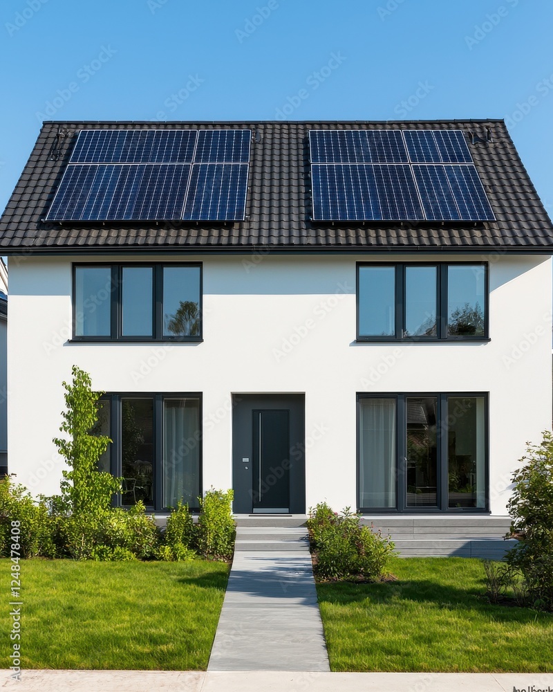 Fototapeta premium A modern house with solar panels, featuring a sleek white exterior and a well-maintained garden, showcasing eco-friendly living.
