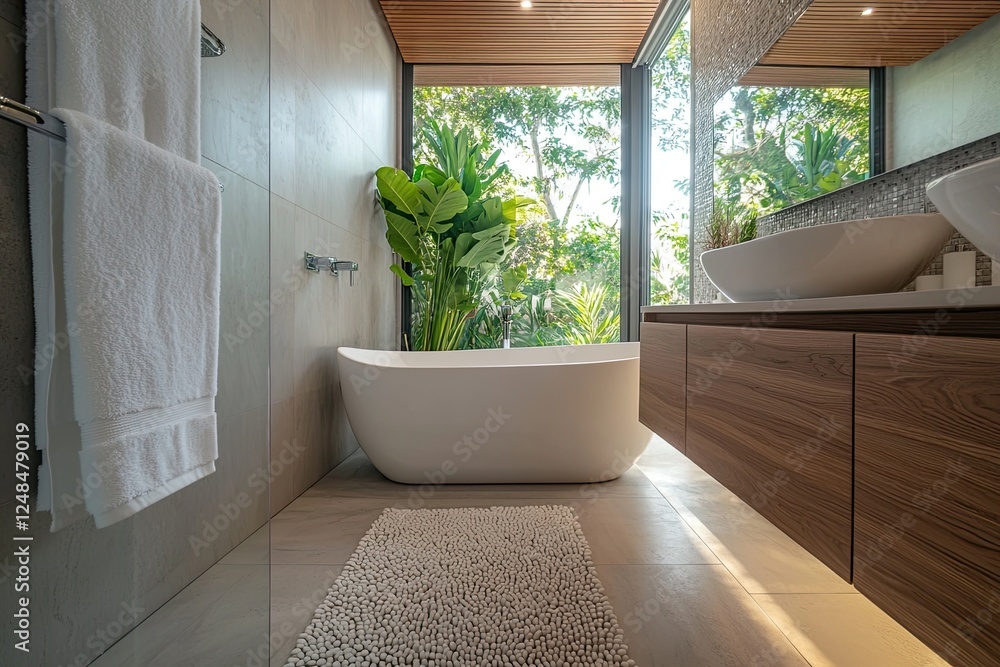 Fototapeta premium Interior of modern bathroom white towel hanging on the wall with copy space