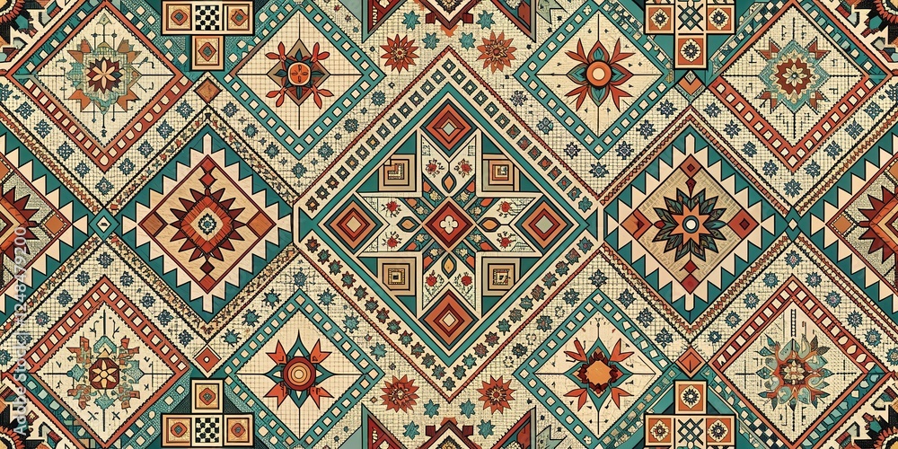 Intricate Geometric Textile Design Featuring a Kaleidoscope of Vibrant Colors and Symmetrical Patterns Intricate Geometric Textile Design Featuring a Kaleidoscope of Vibrant Colors and Symmetrical Patterns