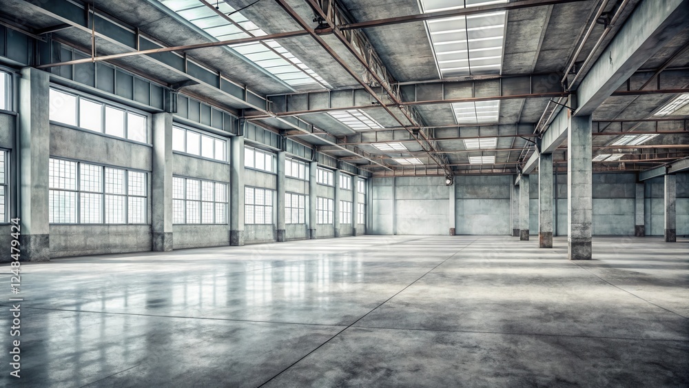 Vast Industrial Interior A Spaciously Open Warehouse with High Ceilings and Abundant Natural Light Streaming Through Numerous Windows Vast Industrial Interior A Spaciously Open Warehouse with High Ceilings and Abundant Natural Light Streaming Through Numerous Windows