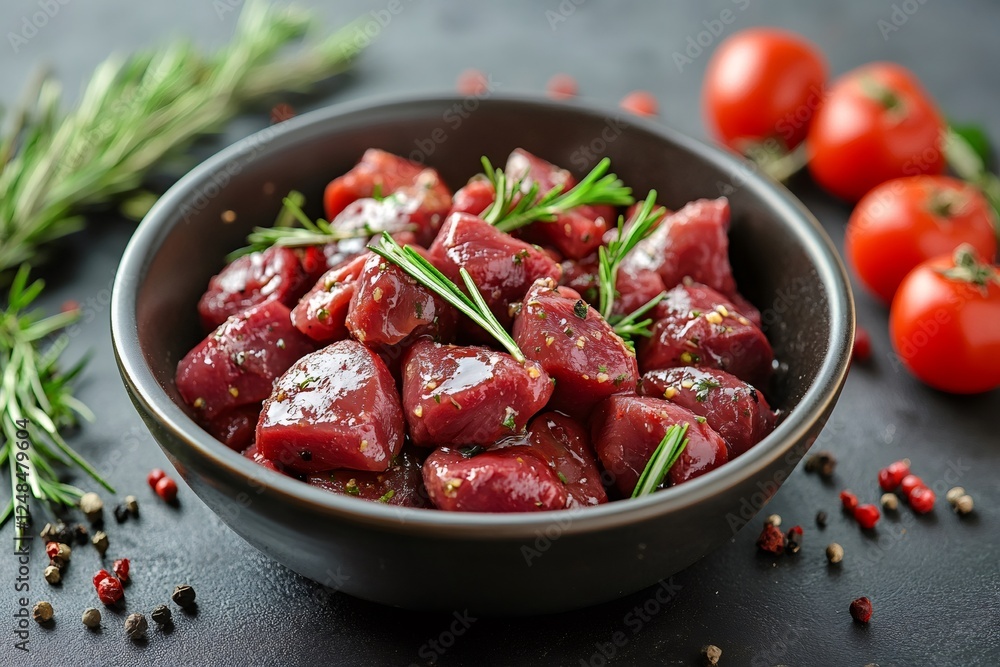 Fresh raw beef cubes with rosemary and spices Fresh raw beef cubes with rosemary and spices