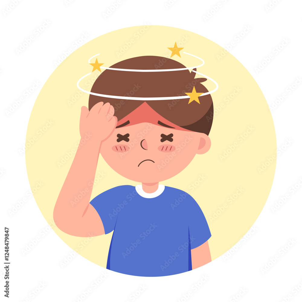 A vector illustration showing symptoms of headache and dizziness. (boy) A vector illustration showing symptoms of headache and dizziness. (boy)