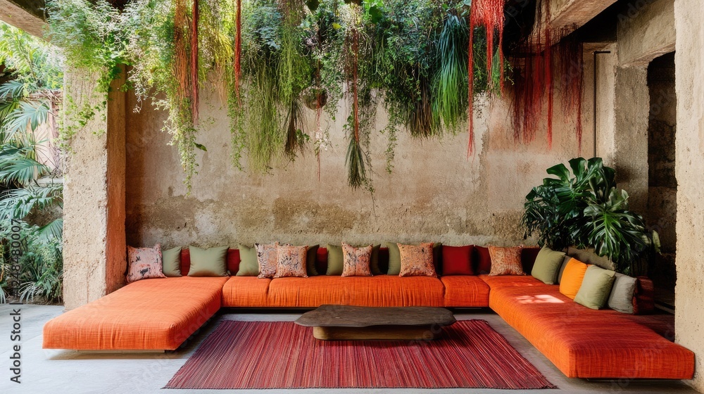 Obraz premium A home featuring a shaded outdoor sitting area with hanging greenery.