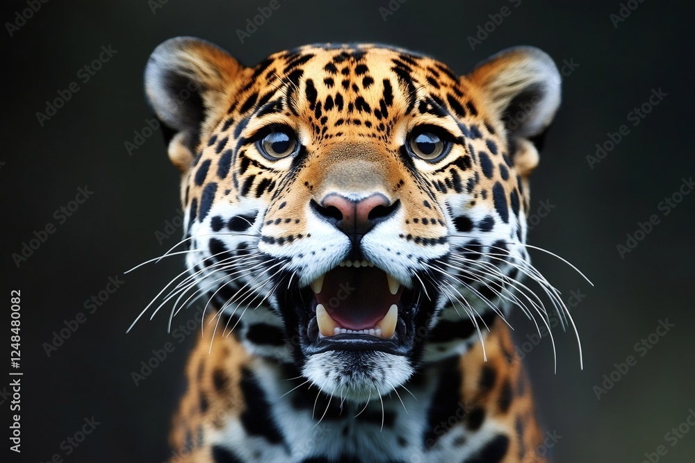 Majestic jaguar roaring in vibrant jungle setting Majestic jaguar roaring in vibrant jungle setting