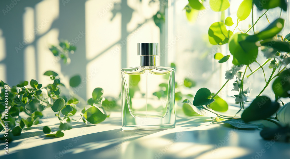 A clear perfume bottle rests on a table, beautifully illuminated by soft light, framed by vibrant green plants and leaves A clear perfume bottle rests on a table, beautifully illuminated by soft light, framed by vibrant green plants and leaves