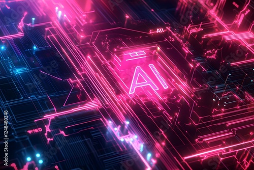 Glowing AI symbol on futuristic circuit board