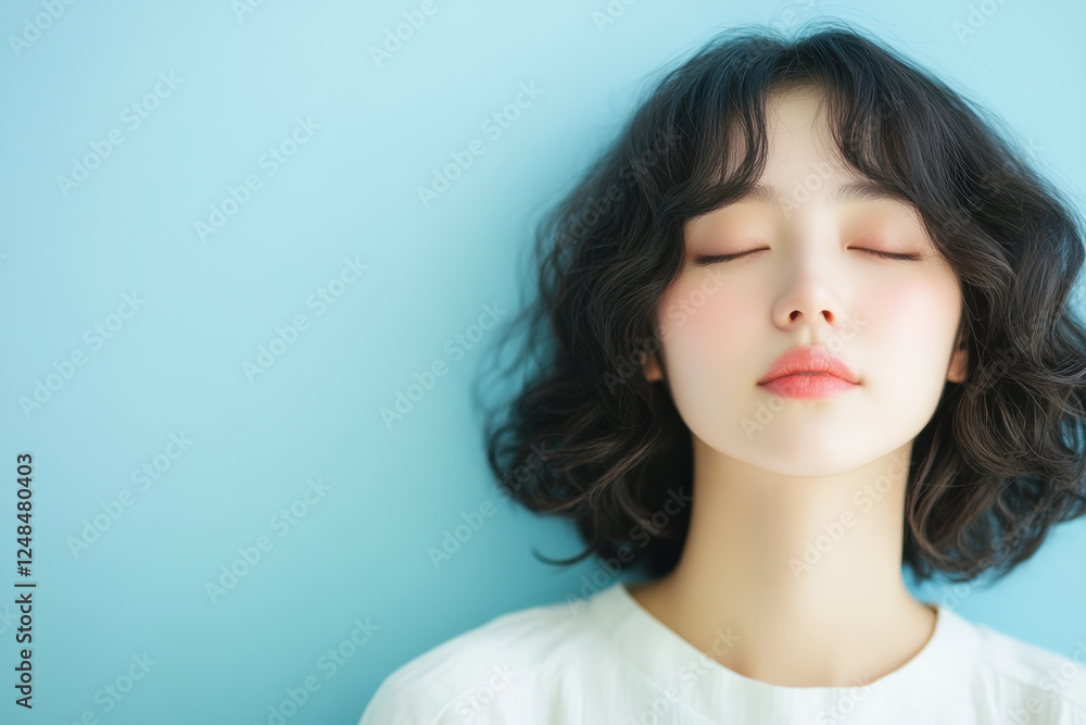 Peaceful Woman with Closed Eyes Against Blue Background