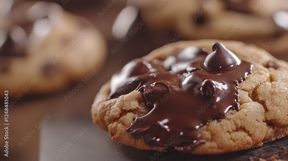 Close-up of chocolate chip cookies with gooey melted chocolate filling. Close-up of chocolate chip cookies with gooey melted chocolate filling.