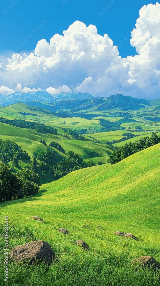 Naklejka premium Sunny green hills, valley, mountains, idyllic landscape, scenic view