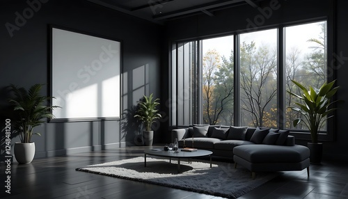 Stylish Monochrome Living Room with Large Windows and Minimalist Decor