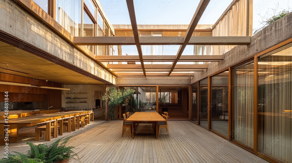 A house with an extended wooden deck featuring retractable sunshades. A house with an extended wooden deck featuring retractable sunshades.