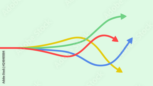 Four colorful arrows, originating from a single point, diverge and curve in different directions on a light green background